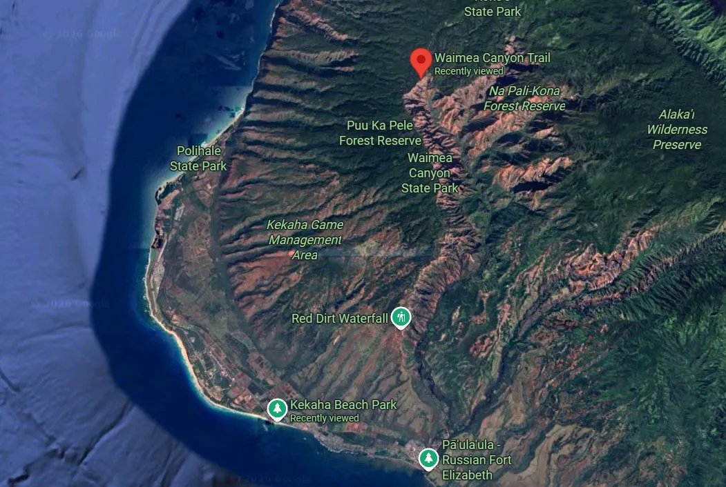 Satellite map showing the geographical proximity of Kekaha Beach Park to Waimea Canyon and Koke'e State Park.